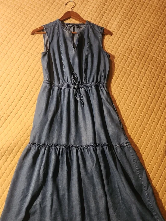 Lands' End Sleeveless Chambray Drawstring Maxi Denim Dress - Picture 1 of 12